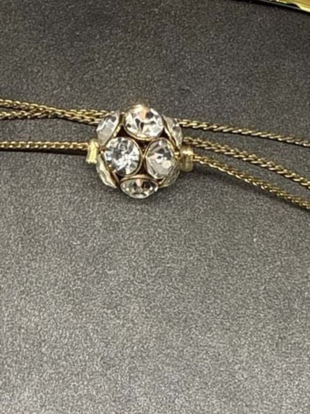 Gold Tone Long Station Necklace Coiled Spring Beehive and Rhinestone Beads Vtg - Picture 11 of 13